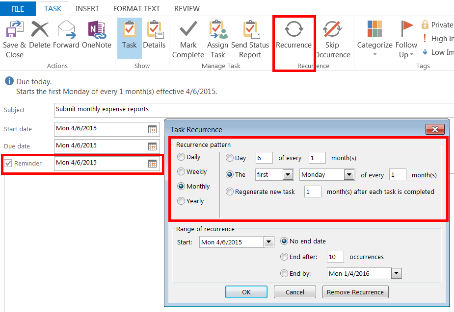 create Outlook task, repeating tasks in Microsoft Outlook, Outlook tips