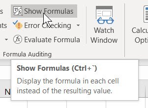 Microsoft Excel Show Formulas feature to display formulas and calculations behind worksheet results