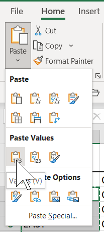 image of Excel Paste options, how to fill blank cells in Excel