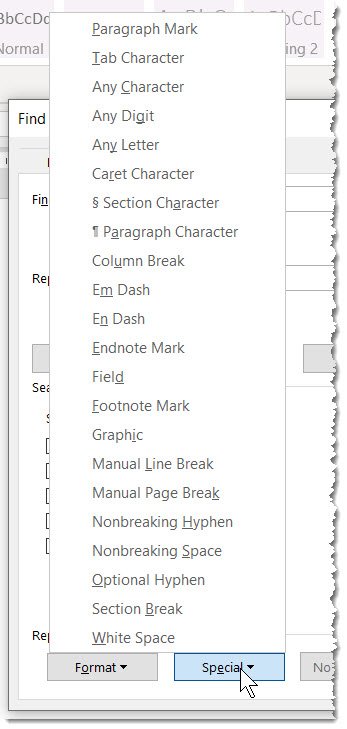 list of word formatting marks