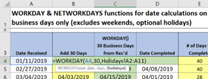 How to calculate dates in Excel without weekends and holidays; working with the WORKDAY function in Excel.