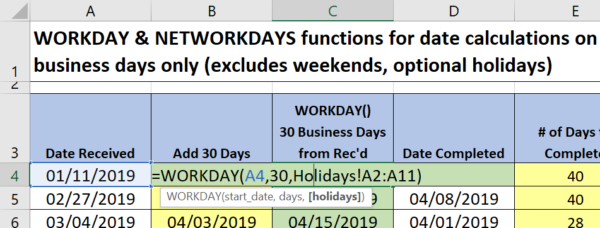 How to calculate dates in Excel without weekends and holidays; working with the WORKDAY function in Excel.