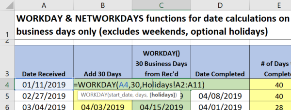 Microsoft Excel Date Calculations Without Weekends Holidays