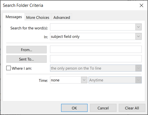 Microsoft Outlook custom search folders, customize Outlook search folders