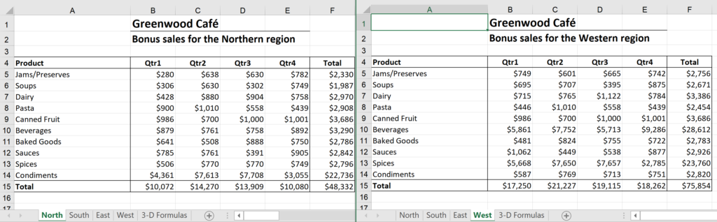 Image of two worksheets formatted for Excel 3D formulas, how to create a 3D formula in Excel