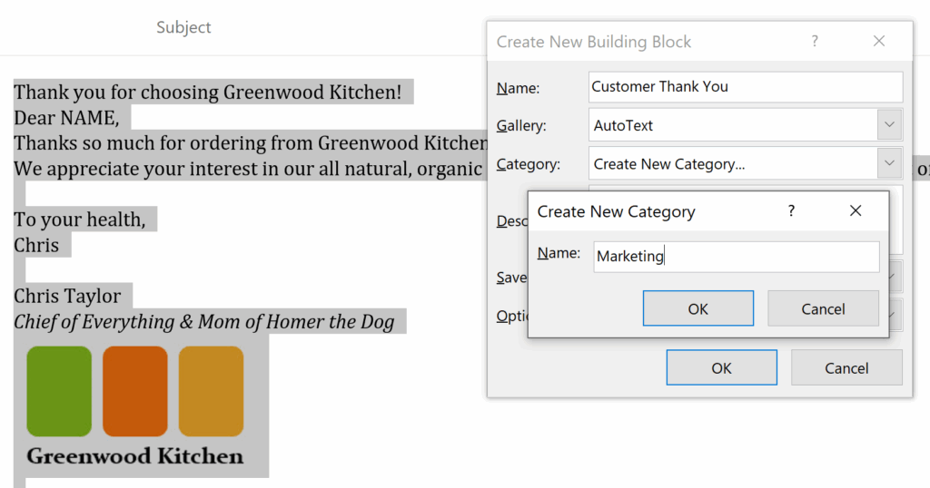 Outlook Quick Parts, how to create an AutoText entry