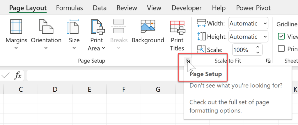 Screen shot of the Excel Page Layout Ribbon tab, for blog post on how to change the starting page number in a Microsoft Excel worksheet