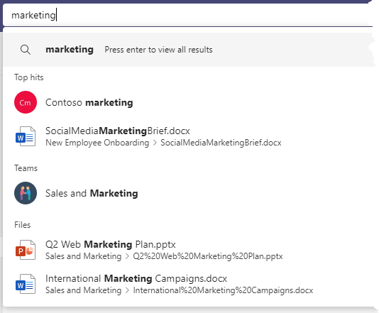 image for Microsoft Teams command box blog post to show search results with the command box