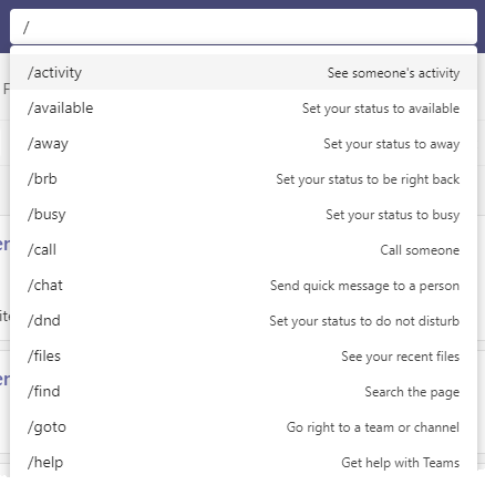image for Microsoft Teams command box blog post to show list of slash commands