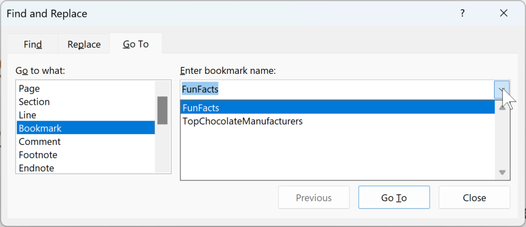 screen shot of the Microsoft Word Go To dialog box for navigating to bookmarks in a document