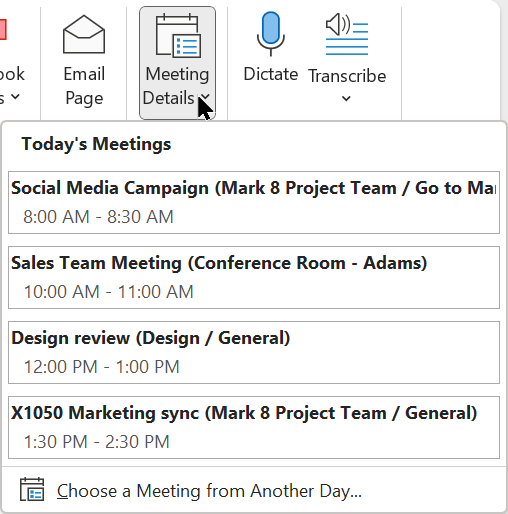 image of OneNote meeting details option for adding scheduled meetings to a OneNote page