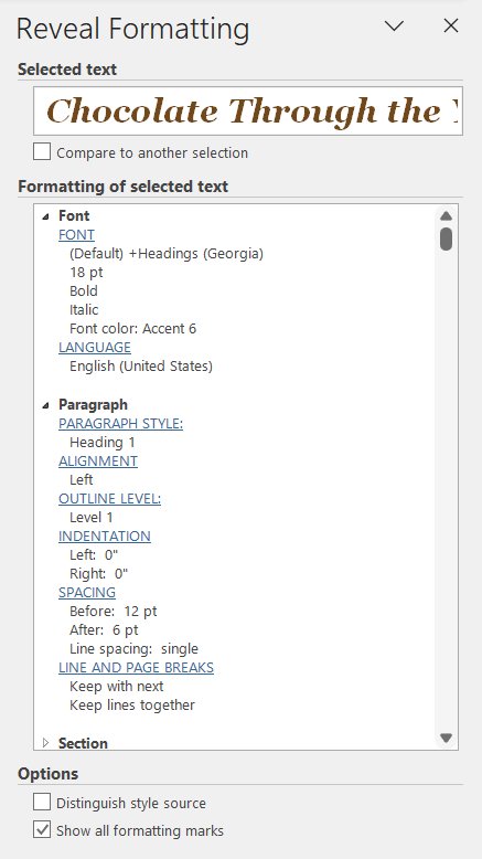 Reveal Formatting task pane in Microsoft Word, how to show formatting of a Word document