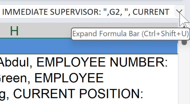 how to expand the Excel formula bar, example formula with keyboard shortcut